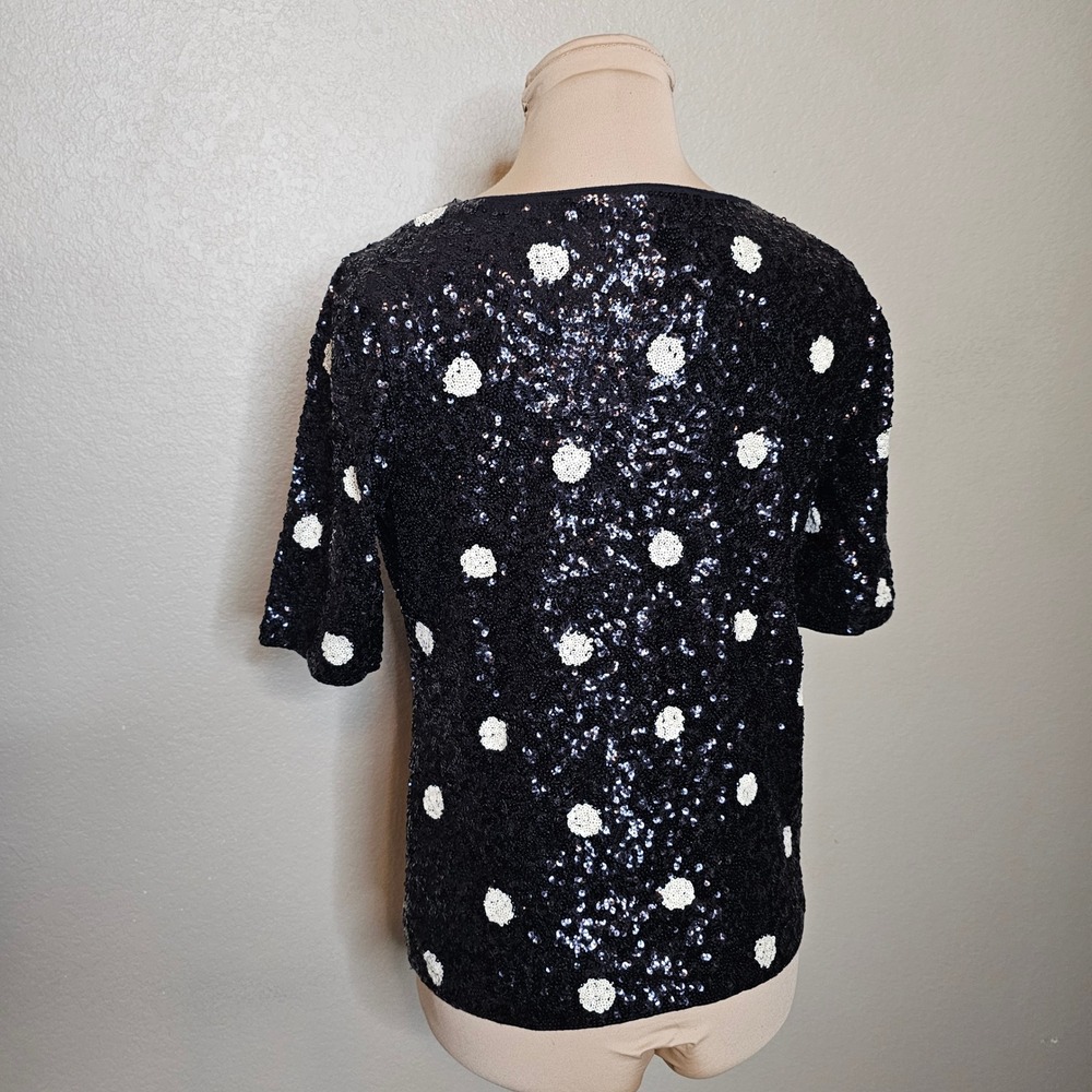 J.Crew Womens Black White Polka Dot Sequin Short Sleeve Top Small - Picture 4 of 8